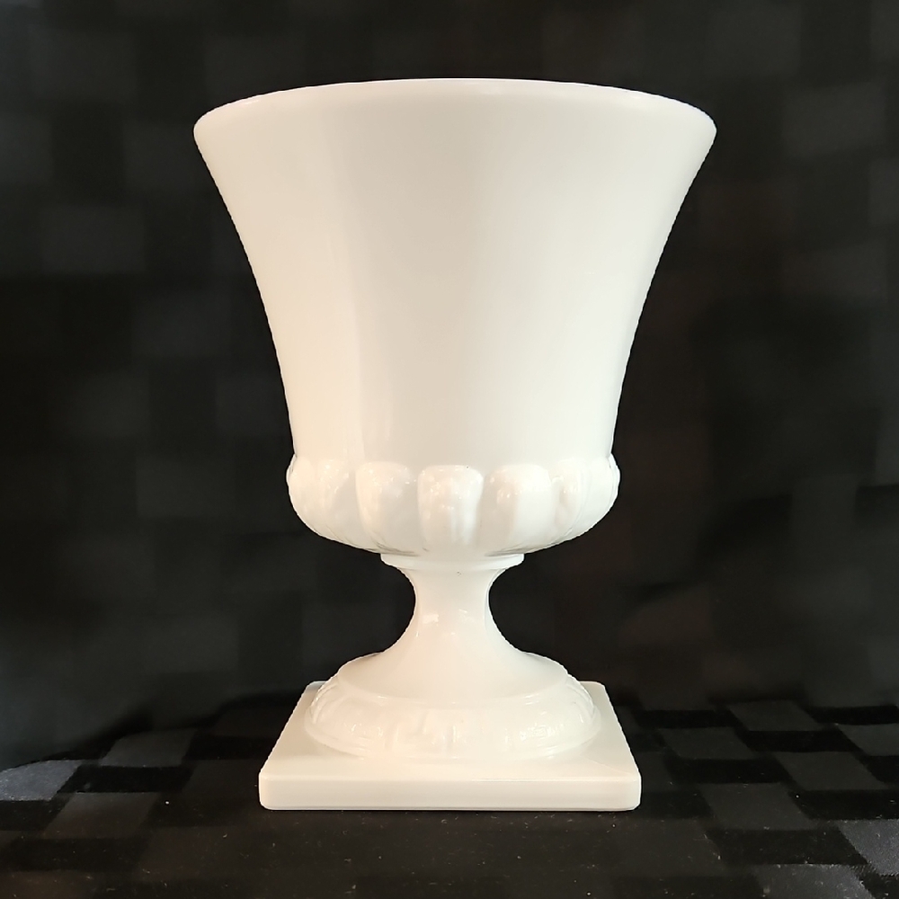 Vintage E.O. Brody White Milk Glass Grecian Urn Pedestal Vase Planter